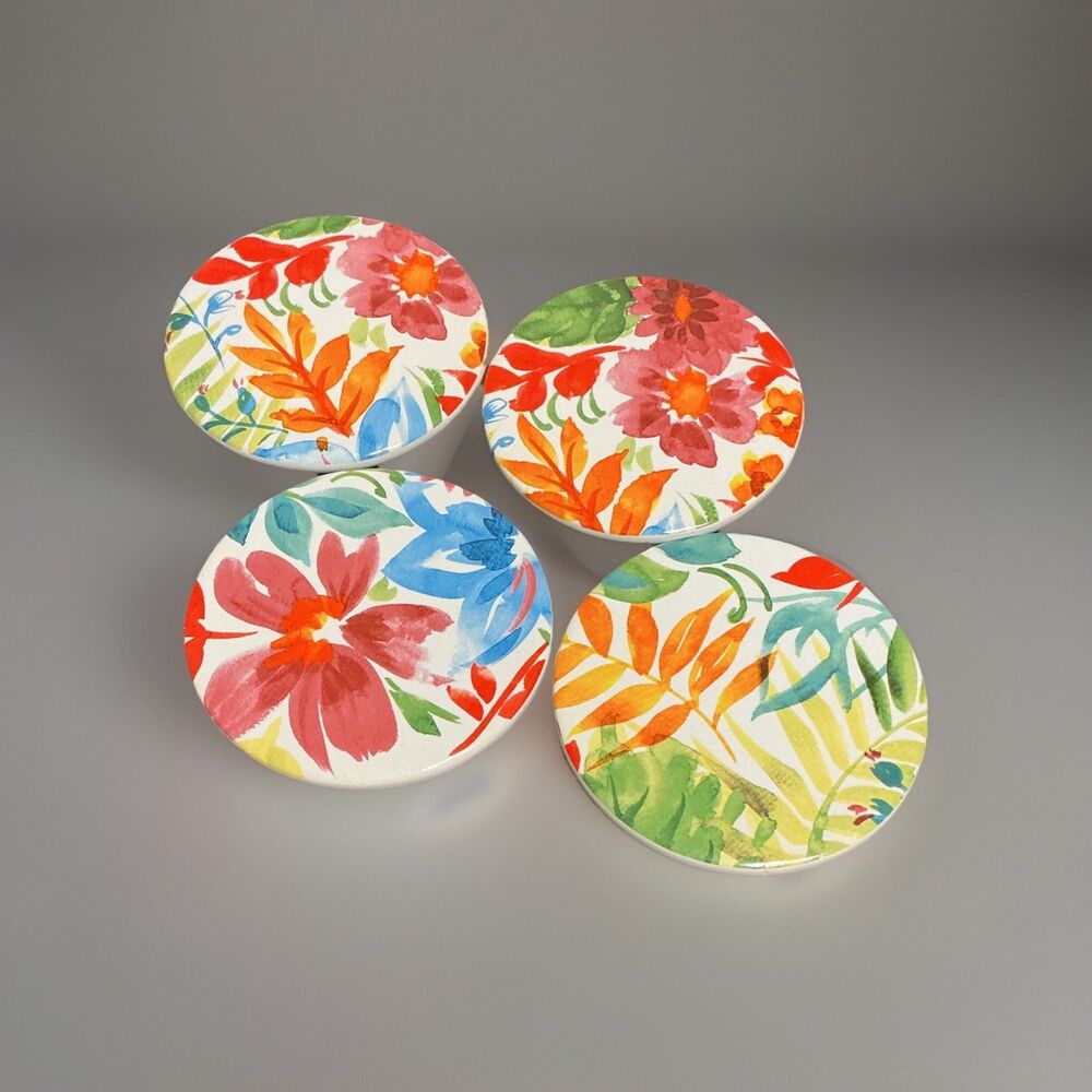 Pier 1 Floral set of 4 Coasters Tropical Ceramic